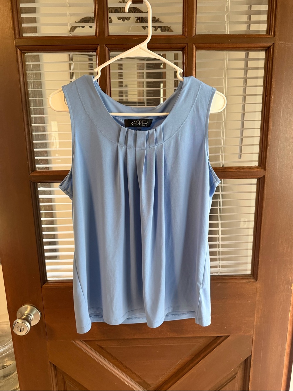 Kasper Light Blue Pleated Neck Sleeveless Top